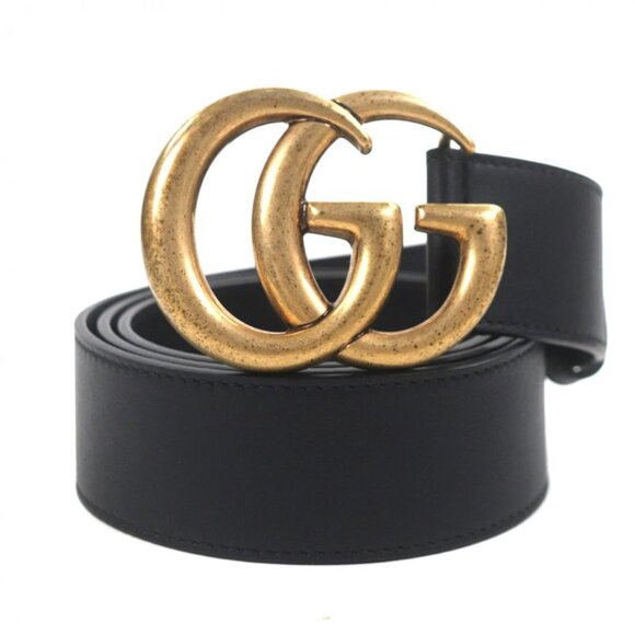 Gucci Double Wide Belt Leather GG Marmont Buckle Black Gold main image 6